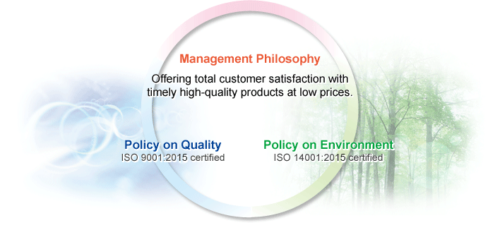 Management Philosophy: Offering total customer satisfaction with timely high-quality products at low prices.
Policy on Quality: ISO 9001:2008 certified
Policy on Environment: ISO 14001:2004 certified